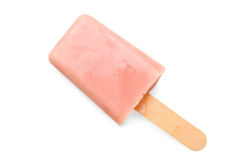 Sweet strawberry ice-cream popsicle on white background