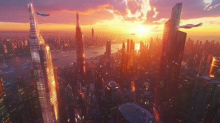 Obraz premium A futuristic metropolis bathed in the golden hues of a breathtaking sunset, soaring skyscrapers pierce the vibrant sky, hinting at a technologically advanced and hopeful tomorrow.