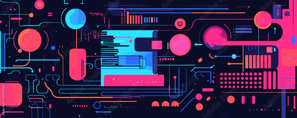 Poster futuristic circuit board design with abstract geometric shapes on dark background - vector.