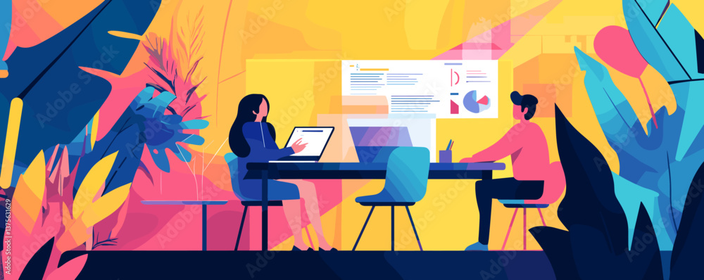 Poster creative office workspace with two people collaborating on a project – vector.