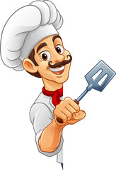 A chef, barbecue cook or baker cartoon food man mascot character holding a spatula and peeking around a sign or menu board with copy space illustration