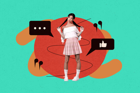 Composite art 3d creative image collage of happy girl dance thumb up icon bubble notification like feedback social media reaction