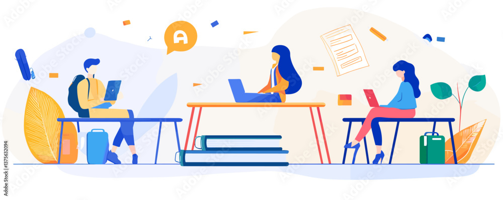 Poster office workspace with team collaboration and technology in modern design vector.