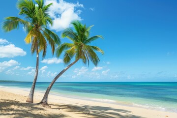 Two palm trees sway gently in the warm breeze on a tropical beach with clear blue water and white sand, Palm trees swaying in the warm breeze on a tropical beach