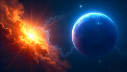 Fototapeta premium A digital artwork of a cosmic scene featuring two celestial bodies against a backdrop of stars. On the left, there is a fiery explosion of orange and yellow hues