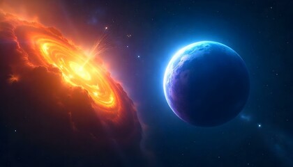 A digital artwork of a cosmic scene featuring two celestial bodies against a backdrop of stars. On the left, there is a fiery explosion of orange and yellow hues
