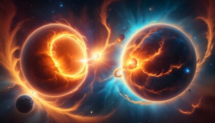 A digital artwork of a cosmic scene featuring two celestial bodies against a backdrop of stars. On the left, there is a fiery explosion of orange and yellow hues