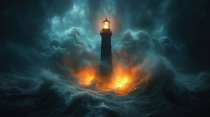 Illuminated lighthouse stands firm against the raging sea, guiding the way through the storm.
