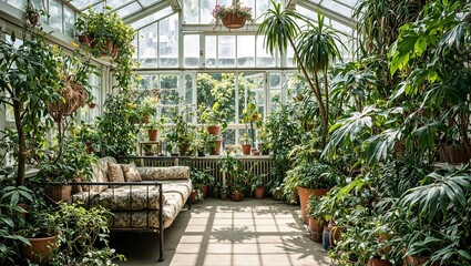 Tranquil greenhouse conservatory with lush plants vintage iron daybed and sunlight streaming through glass ceiling
