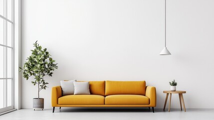 Bright and airy living room design featuring a comfortable yellow sofa natural plant decor and minimalist furniture accents against a clean white backdrop