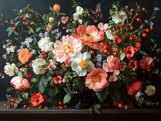Obraz premium Dark Floral Arrangement Vintage Style with Roses Peonies Tulips and Butterflies on Black Background