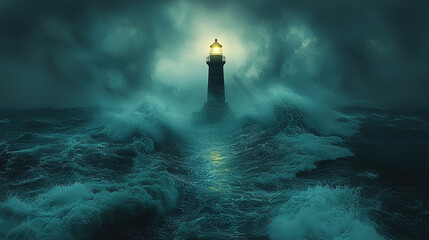 Obraz premium Amidst a powerful storm, a solitary lighthouse bravely illuminates the turbulent sea with its guiding light.