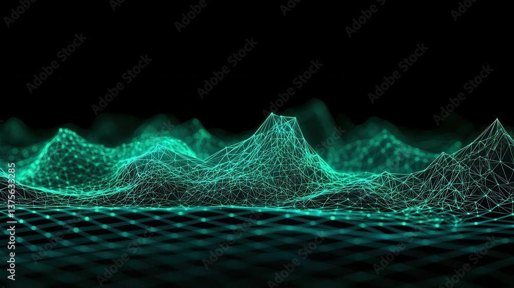 Poster a captivating digital landscape featuring a vibrant futuristic terrain composed of a glowing low pol