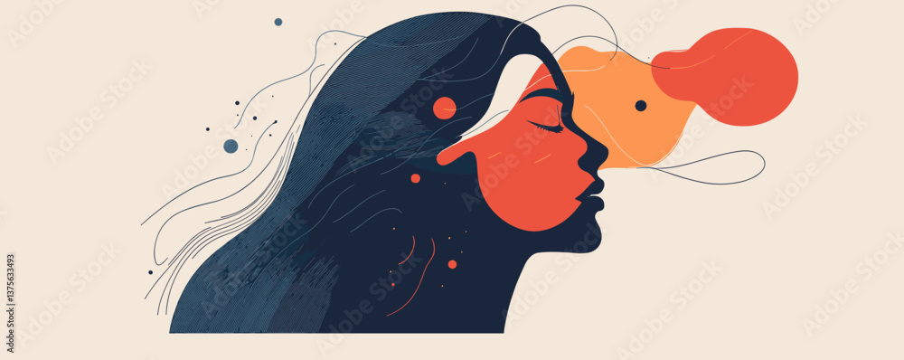 Poster abstract artistic side profile portrait with vibrant colors and flowing lines vector.