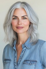 Fototapeta premium Beautiful Mature Woman with Stylish Silver Grey Hair and Denim Shirt