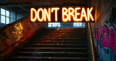 Glowing message don t break in gold and magenta hanging over graffiti laced stairwell deep inside abandoned office complex
