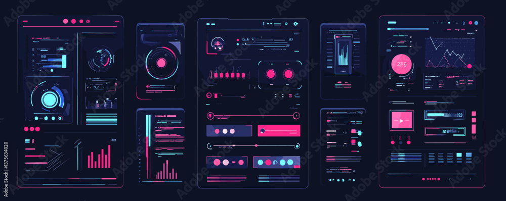 Poster futuristic data dashboard with interactive graphs and charts, digital interface design - vector.