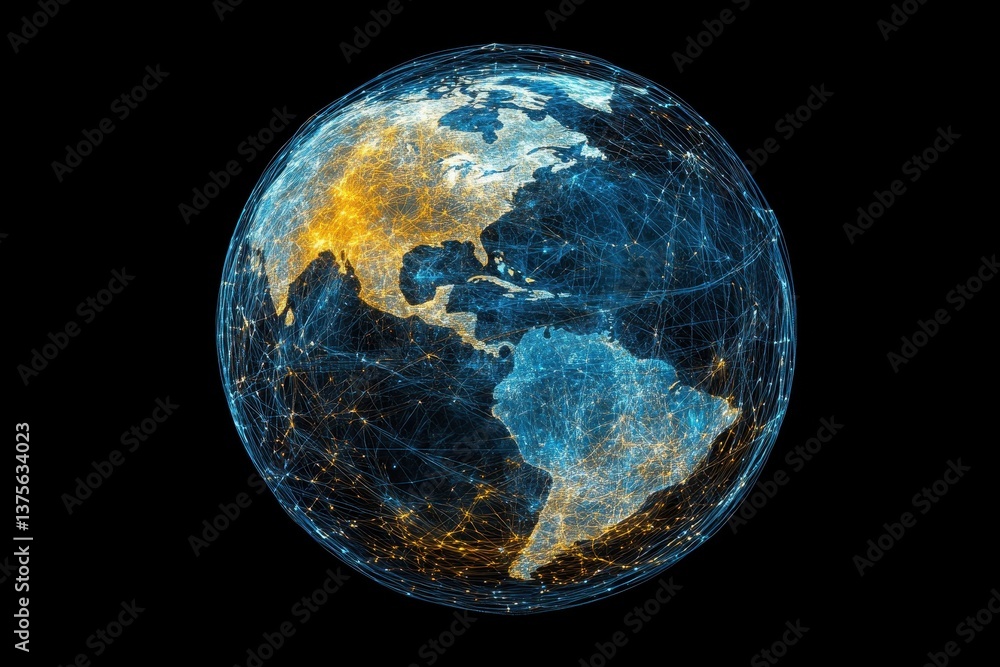 Poster network of global connections represented by illuminated lines on a dark background showing earth's 