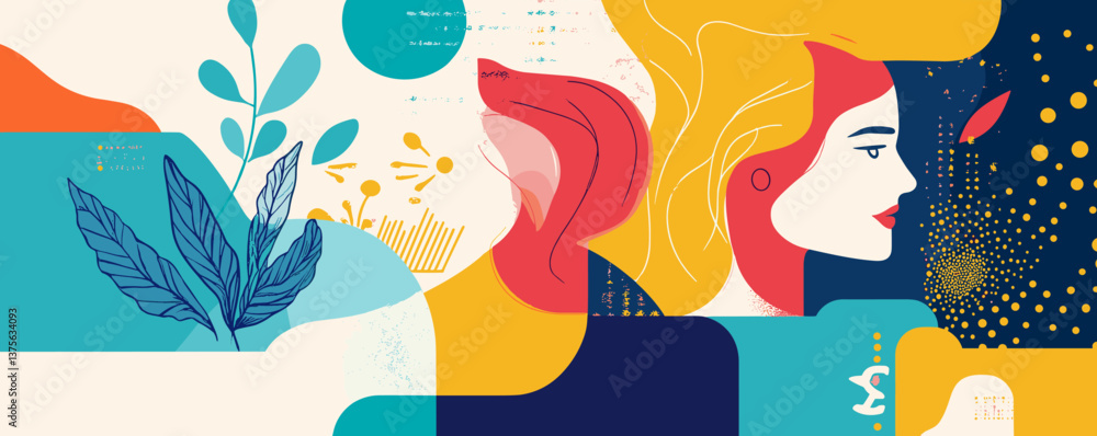 Poster abstract colorful female portrait with botanical elements in modern art style vector.