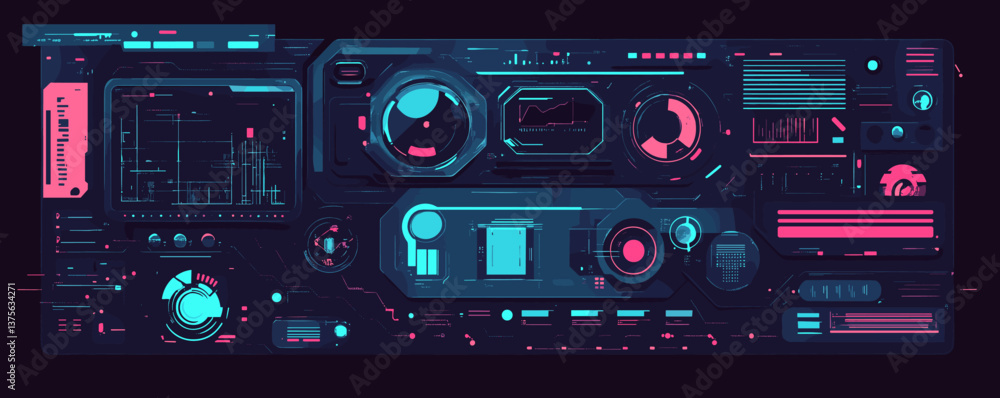 Poster futuristic sci-fi control panel interface with holographic elements - vector.