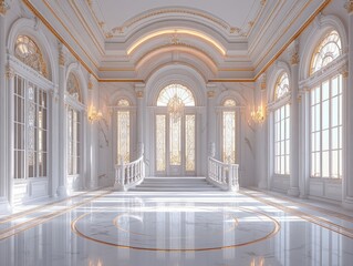 Fototapeta premium Luxurious Classical Marble Interior Lobby with Arched Windows and Crystal Chandelier