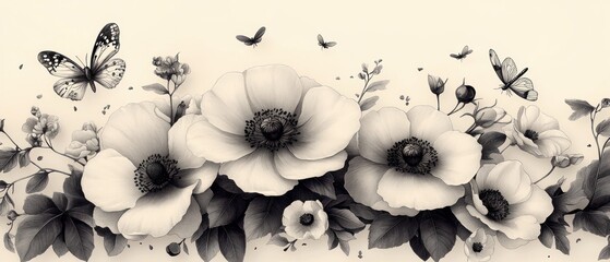 Wedding Floral Decoration with Flower Garland Butterflies and Dragonfly Vintage Botanical Illustration