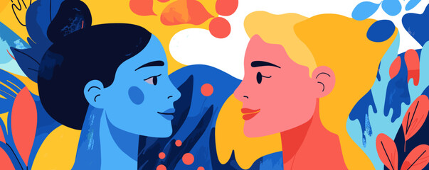 Naklejka premium Colorful portrait of two diverse women facing each other amidst abstract floral patterns - vector.