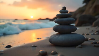 Zen Stones Balancing on Beach at Sunset Serene Coastal Landscape