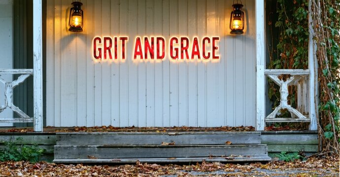 Glowing phrase grit and grace in red and silver displayed on rural porch wall with swinging lanterns leaves and broken wooden steps