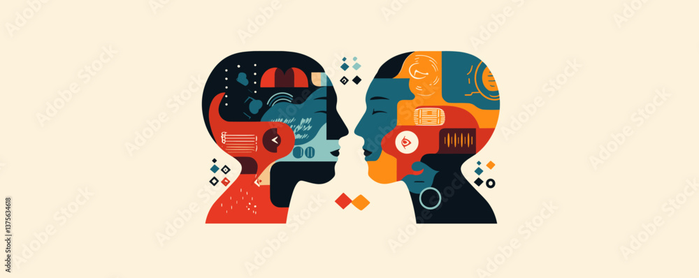 Aufkleber abstract geometric faces with colorful elements on beige background vector.