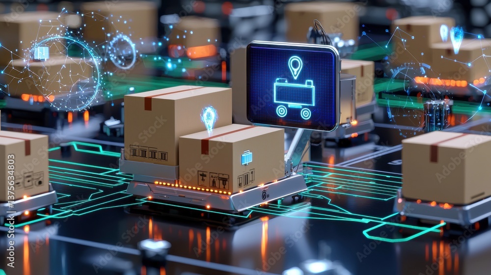 Aufkleber futuristic digital logistics and smart warehouse management concept with automated packaging trackin