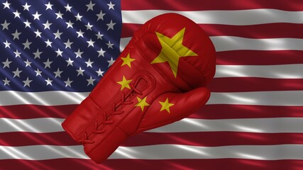 USA China conflict tariffs trade war confrontation flags with boxing gloves in high resolution for print and business