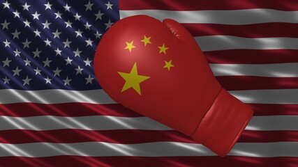 China USA trade war tariffs conflict political confrontation graphic illustration with flags and boxing glove in high resolution for print and business