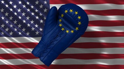 USA EU US Europe trade war tariffs conflict graphic illustration with flags for print and business