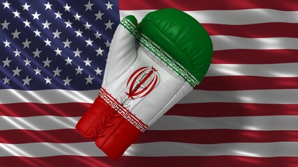 Atom conflict USA Iran flags with boxing gloves