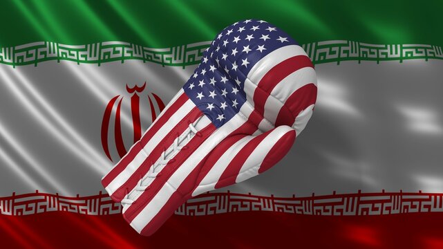 Iran US nuclear program conflict graphic with flags and boxing gloves in high resolution for print web and business
