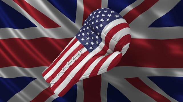 US UK conflict tariffs trade war flags with boxing glove in high resolution