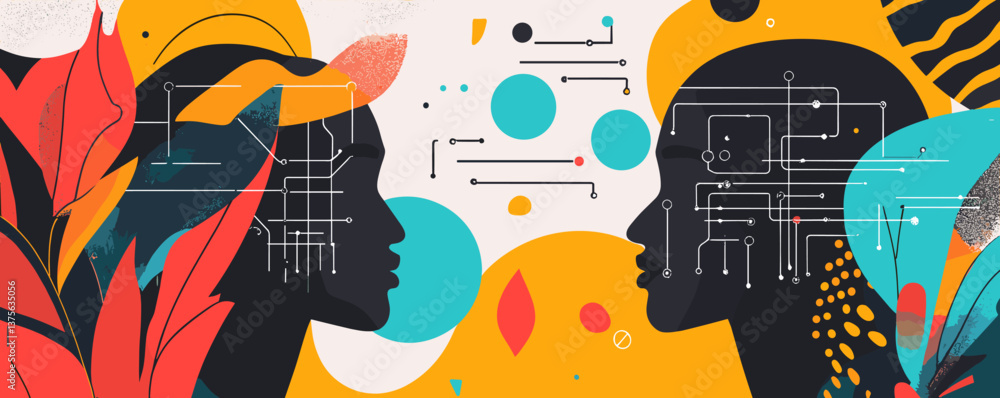 Poster abstract faces with circuitry patterns and geometric shapes, futuristic technology background, vecto