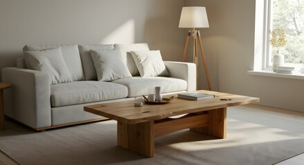 Modern living room with sunlight, and sofa.