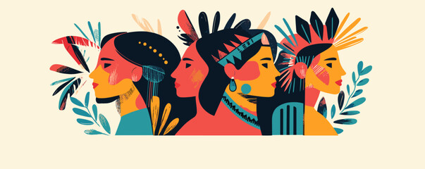 Four stylized faces with colorful feather headdresses in profile view &mdash; vector.