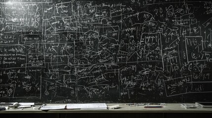 Blackboard covered in unfinished conjectures, hypotheses, and problem-solving attempts.