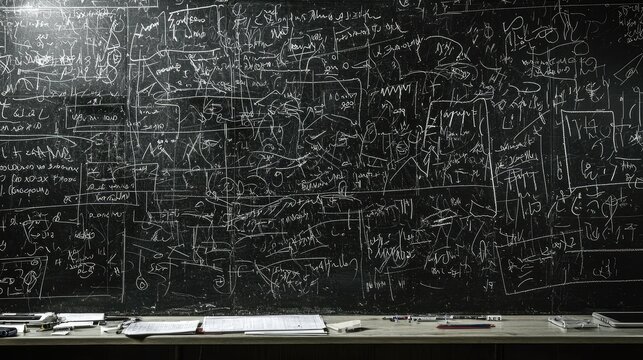Blackboard covered in unfinished conjectures, hypotheses, and problem-solving attempts.