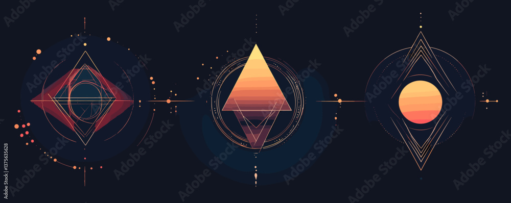 Poster geometric abstract art with sunset colors and symmetrical shapes on dark background - vector.