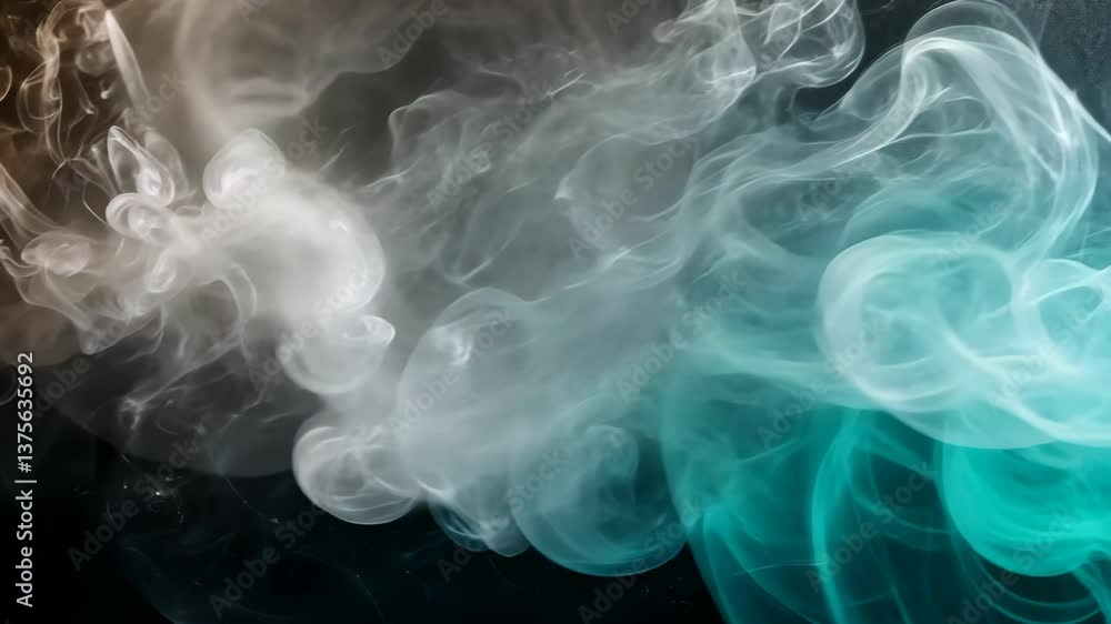 Poster swirling smoke patterns create dynamic shapes with contrasting hues in a dark setting