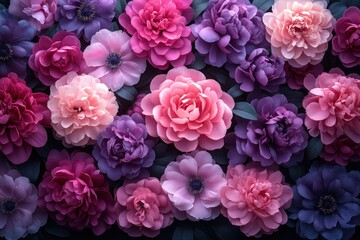Fototapeta premium Floral Pattern with Magenta and Purple Peonies Roses Tulips Botanical Design for Wedding Interior Decor