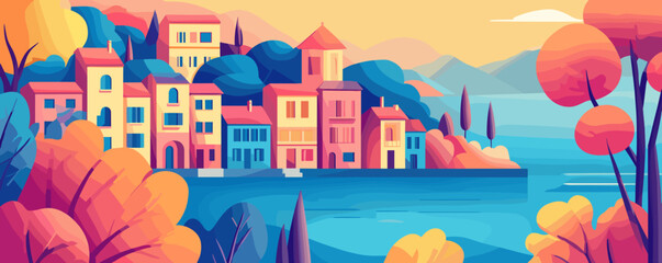 Fototapeta premium Colorful coastal village landscape with autumn trees and mountains in the background - vector.