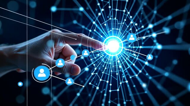 A hand reaching towards a glowing network node, symbolizing digital connection and interaction