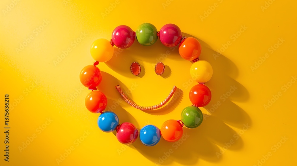 Poster 3d rendering of a colorful smiley face made of glossy balls on a yellow background.