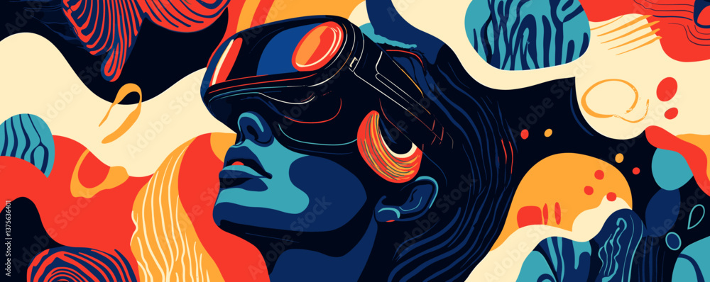 Aufkleber futuristic vr experience with abstract patterns and woman in headset vector.