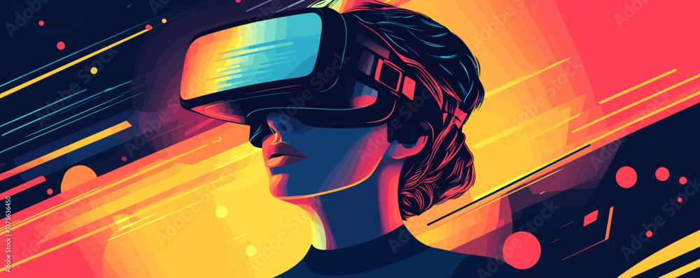 Poster futuristic virtual reality experience with vibrant colors and abstract background - vector.